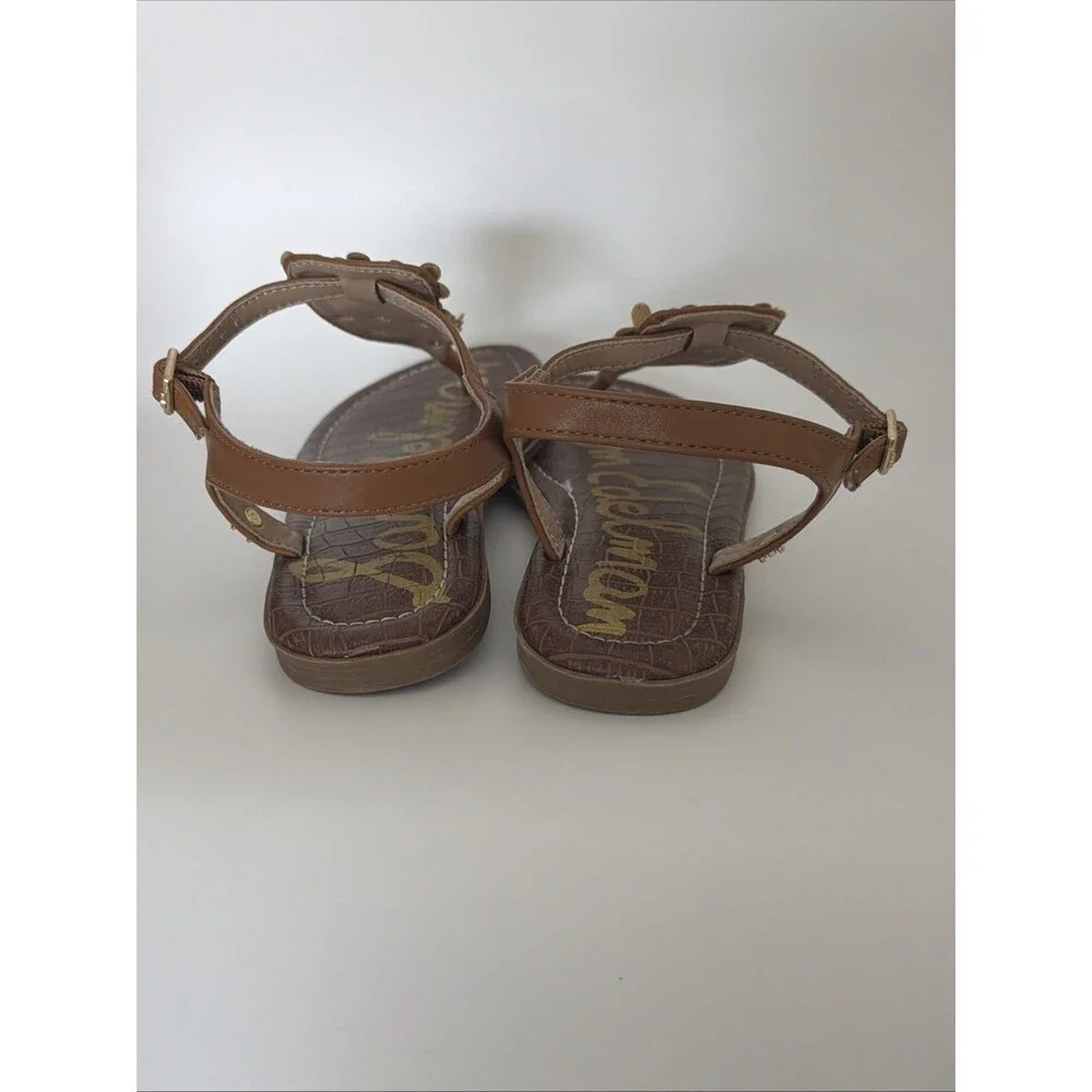Sam Edelman Thong Sandals T-Strap Girls Sz 3 Brown Gigi Gold Metallic Flower EUC
